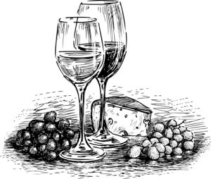 Vector drawing of two glasses of wine with cheese and grapes.